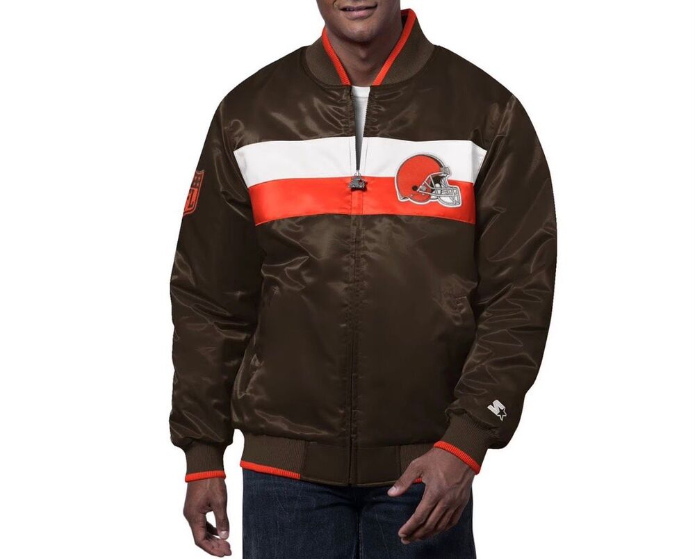 Starter NFL Cleveland Browns Full Zip Satin Varsity Jacket Men's Brown L NEW